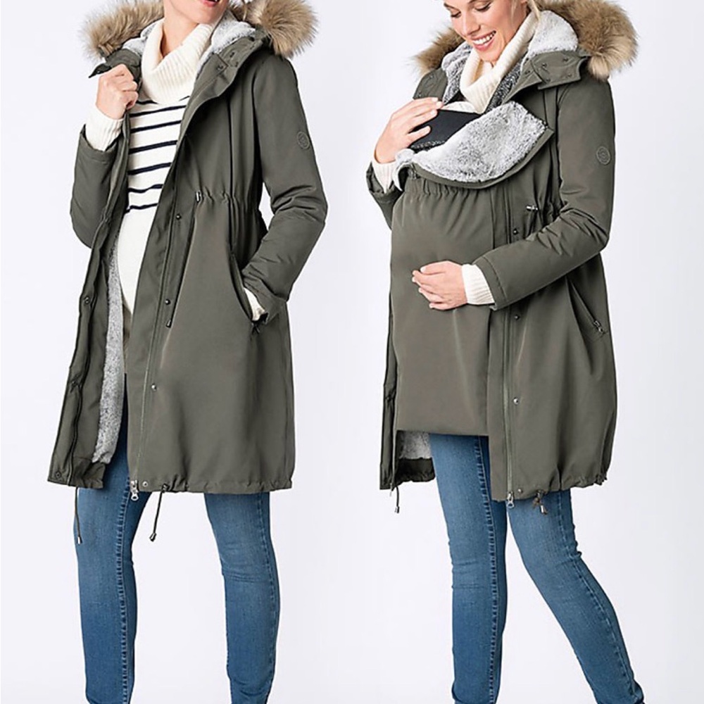 Seraphine Olive Maternity Parka with Faux Fur Trim